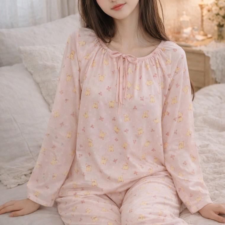 핀터레스트 귀여운 리본 고양이 얇은 긴팔 아방 봄 가을 간절기 잠옷 파자마 홈웨어 세트