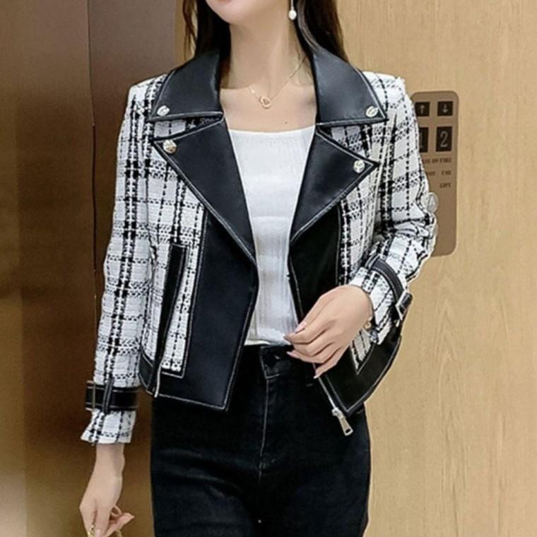 여성 가을 간절기 레더 배색 체크 호피 라이더 자켓 배색라이더자켓 여성라이더자켓 간절기자켓 호피자켓