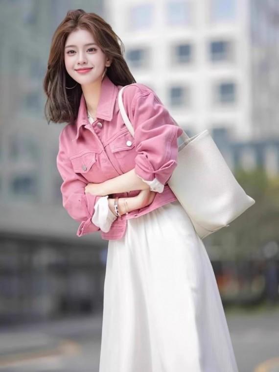 LF24700 여리 산뜻 화사한 핑크 봄 가을 간절기 루즈핏 청 데님 재킷 자켓 아우터