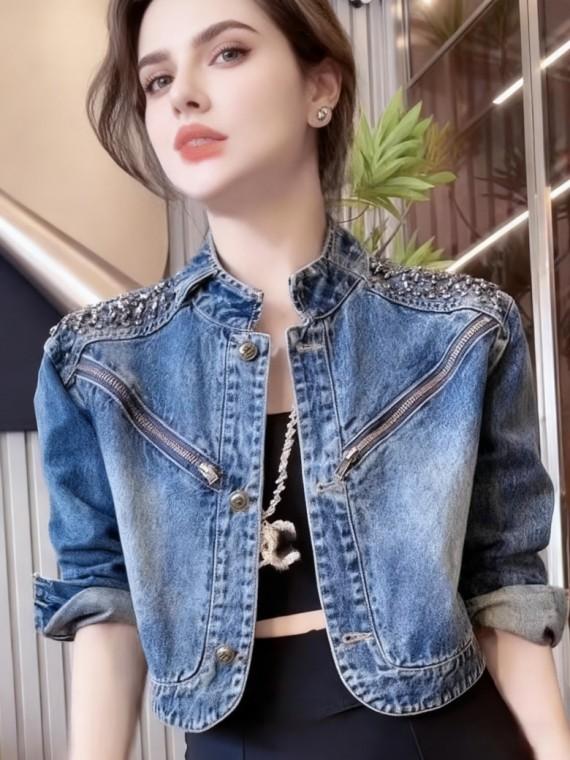 LF30700 찡 비즈장식 라운드 넥 봄 가을 간절기 숏 미니 청 데님 재킷 자켓 아우터 데일리코디