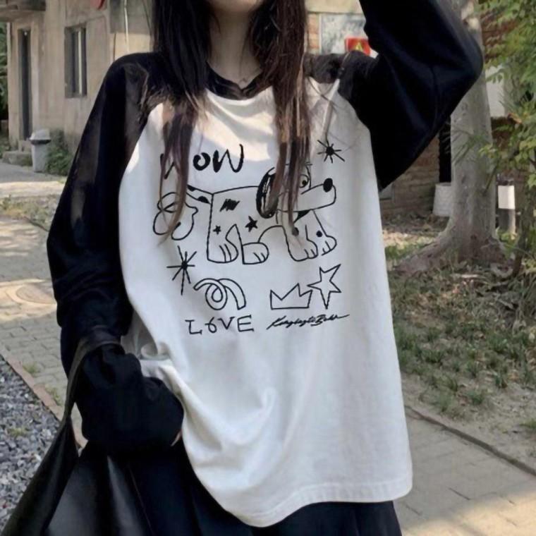 여성 귀여운 프린팅 캐주얼 패션 라운드 긴팔티 얇은 니트티 티셔츠 가을 겨울 골지