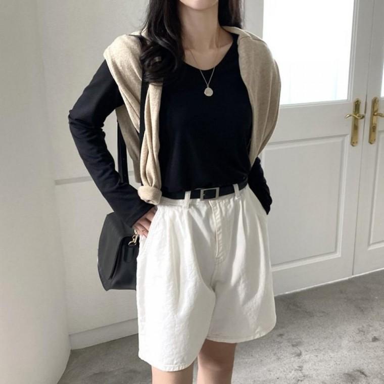 데일리 여자 브이넥 티셔츠 슬림 여성 스판 티셔츠 베이직 가을
