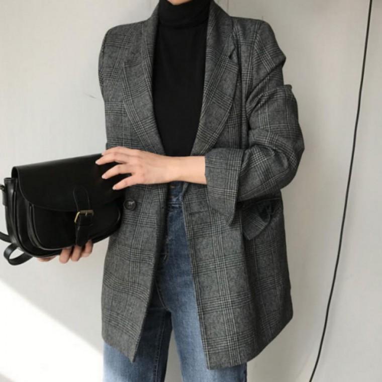 체크 소매 롤업 가을 자켓 여성용 클래식 아우터 테일러드 디자인 데일리룩