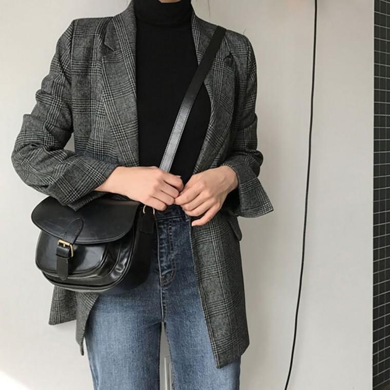 외출 패션 깔끔 체크 패턴 롤업 소매 자켓 여성 봄 가을