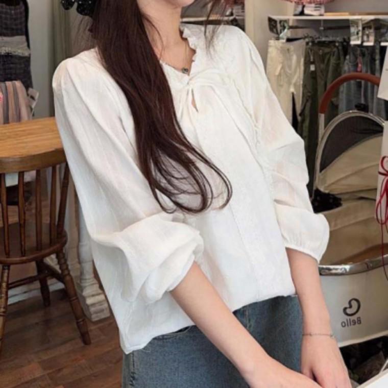 여성 레이스 리본 긴팔 블라우스 화이트 봄 가을 데이트 블라우스