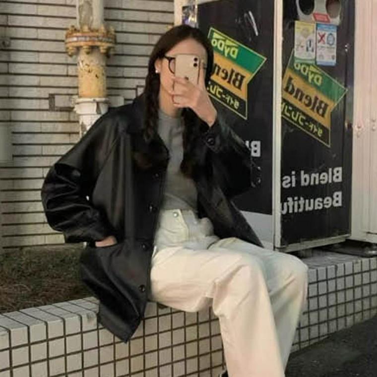 레더 겨울재킷 가을재킷 여성자켓 여성 단추 점퍼 여자재킷 오버핏 광택감