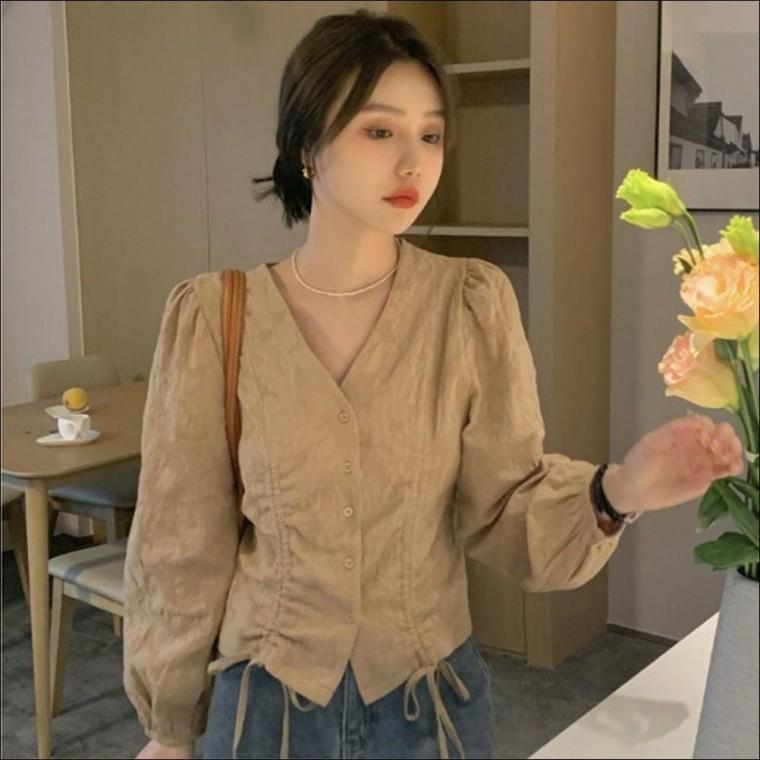 퍼프블라우스 상의 간절기 셔링 여성 긴팔 2색 봄가을 페미닌