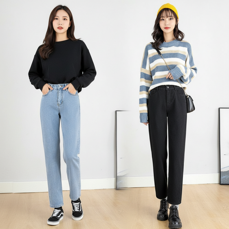 9부 일자핏 청바지 뒷밴딩 데님 팬츠 간절기 바지 봄 가을