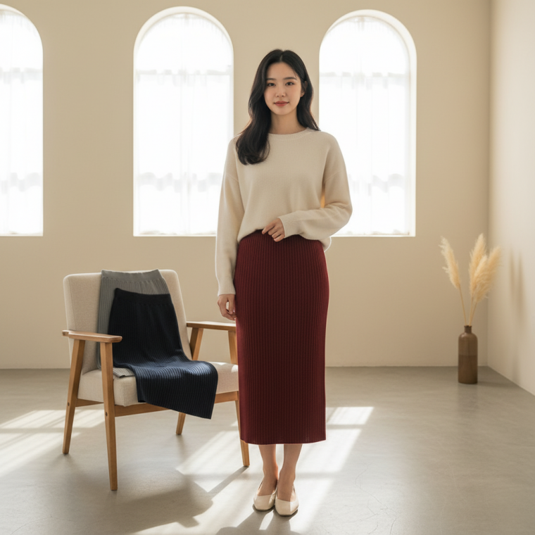 간절기 데일리 H라인 골지 니트 롱스커트 허리 밴딩 치마 봄 가을