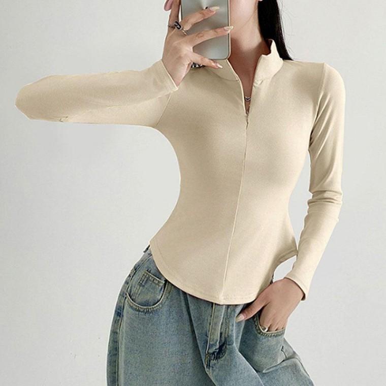 여성 슬림핏 세미크롭 지퍼 긴팔 티셔츠 핏티셔츠 탑 등교 여자 캐주얼긴팔 가을 출근 기본 크롭 세미 봄
