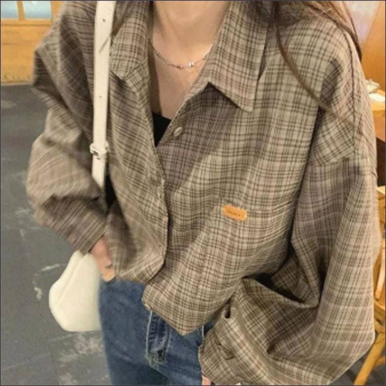 루즈핏 체크셔츠 브라운 낭낭 가을느낌 긴팔남방 여자