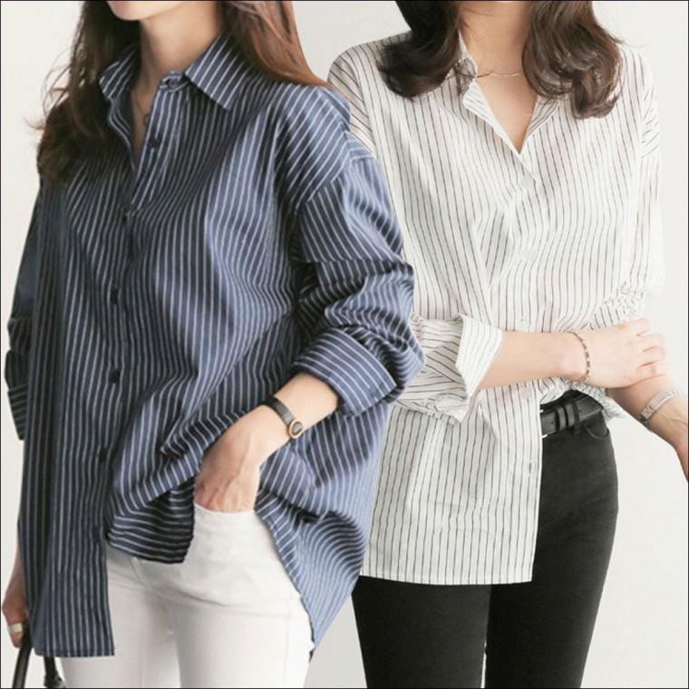 오피스룩 봄 스트라이프 2색 긴팔 가을 세로 남방 셔츠 여자
