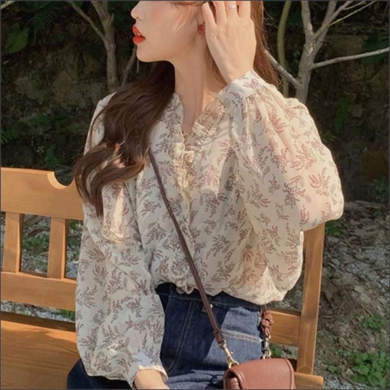 봄가을 시스루 쉬폰 플라워 얇은 여자 3컬러 블라우스