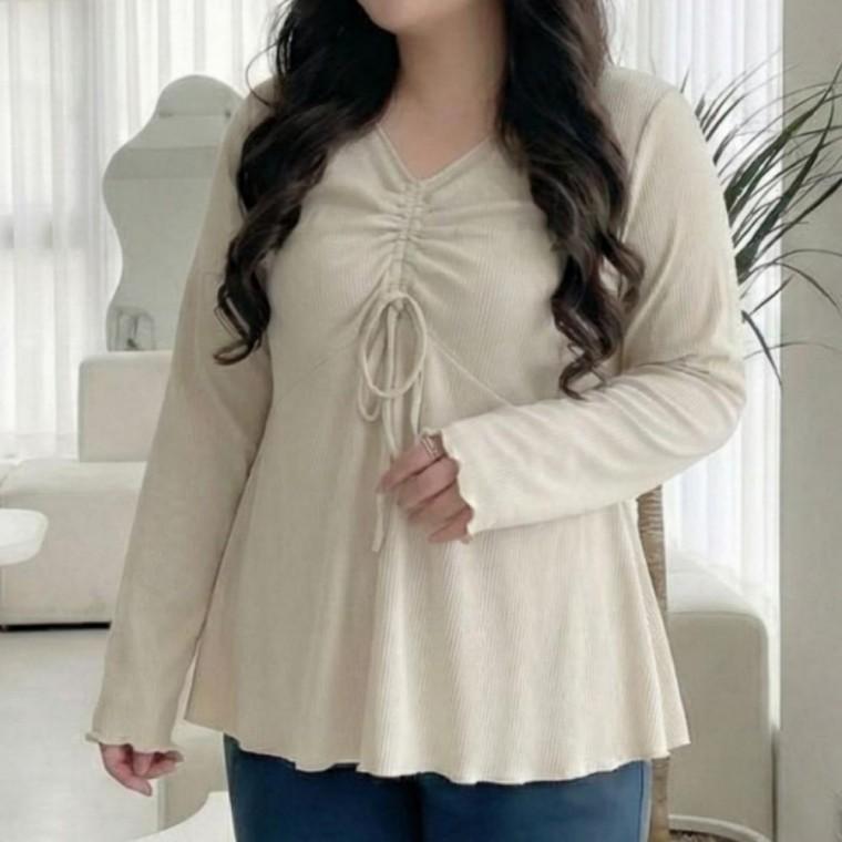 브이넥 셔링 골지 티셔츠 플러스사이즈 리본 여성용 상의 슬림핏 긴팔 티셔츠 페미닌룩 가을 코디 티셔츠