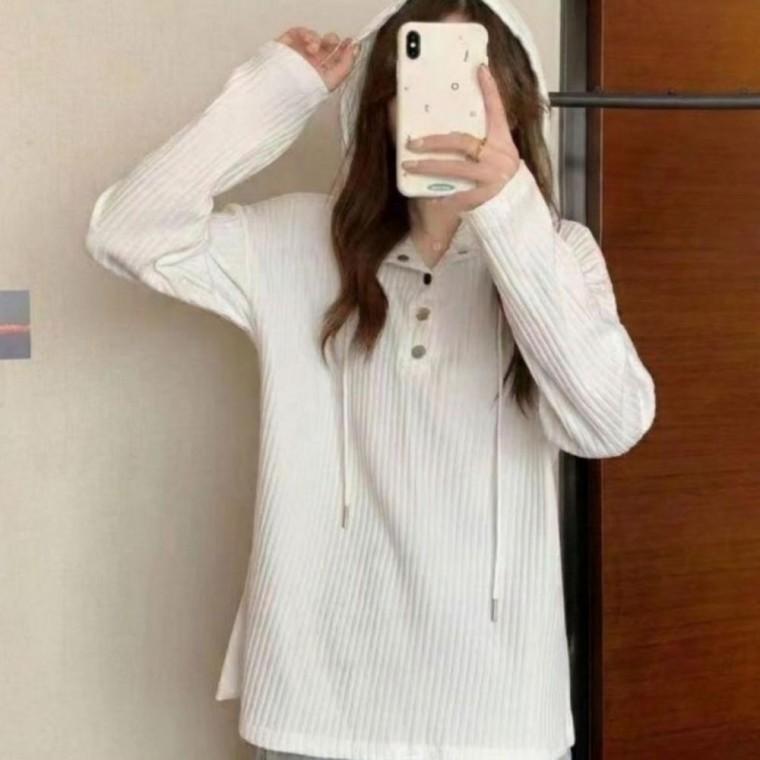 스트링 버튼 후드 티셔츠 여성용 이너 봄 가을 긴팔티 캐주얼 후드티 데일리룩 코디 기본템 상의 편안한 패