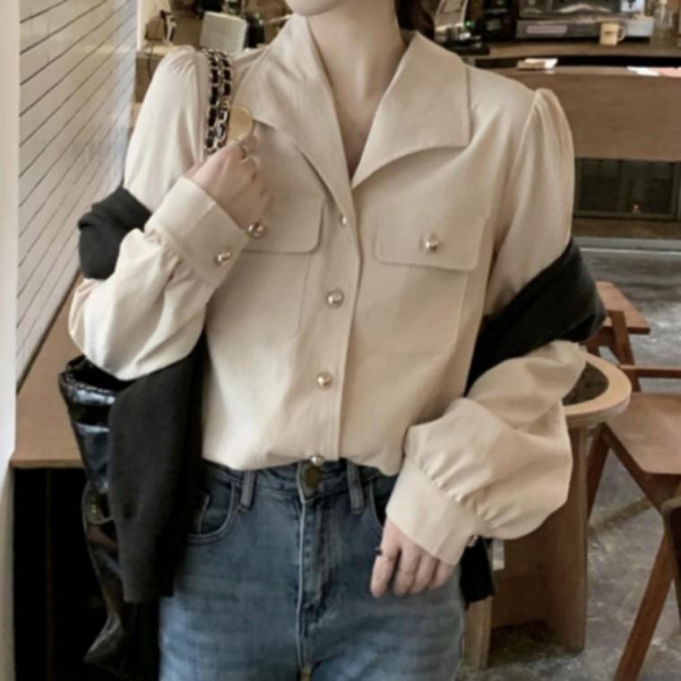 브이넥 카라 진주 버튼 셔츠 여성용 블라우스 하객룩 오피스룩 세련된 상의 우아한 셔츠 코디 가을신상 페