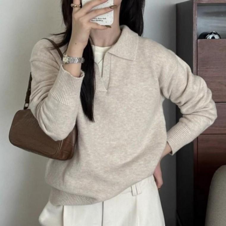 카라 브이넥 데일리 소프트 니트 여성용 가을 상의 부드러운 니트 티셔츠 루즈핏 스웨터 데일리룩 패션 니