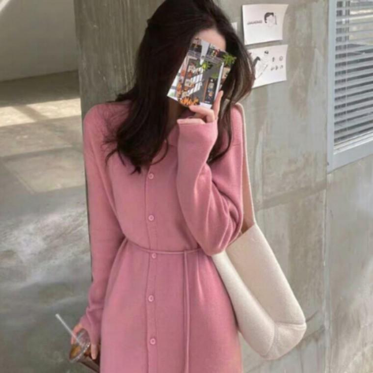여리핏 카라 니트 원피스 여성용 가을 롱 원피스 니트 소재 원피스 세련된 카라 포인트 데일리 니트 코디