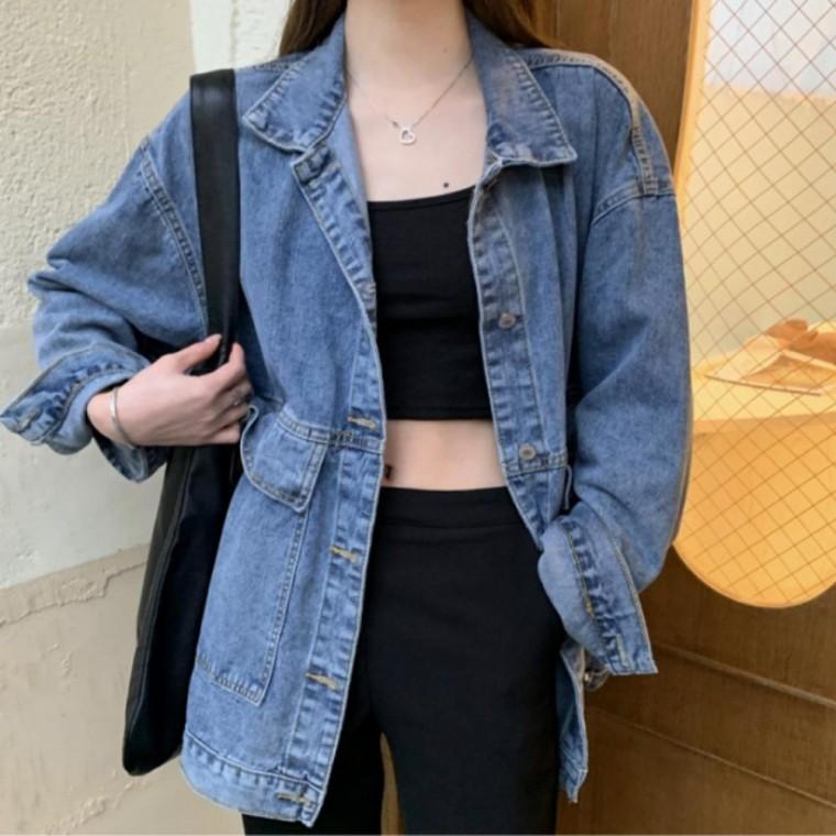 오버핏 시크 빈티지 데님자켓 여성용 루즈핏 청자켓 데일리 캐주얼 아우터 가을 빈티지 청자켓 코디 아이템