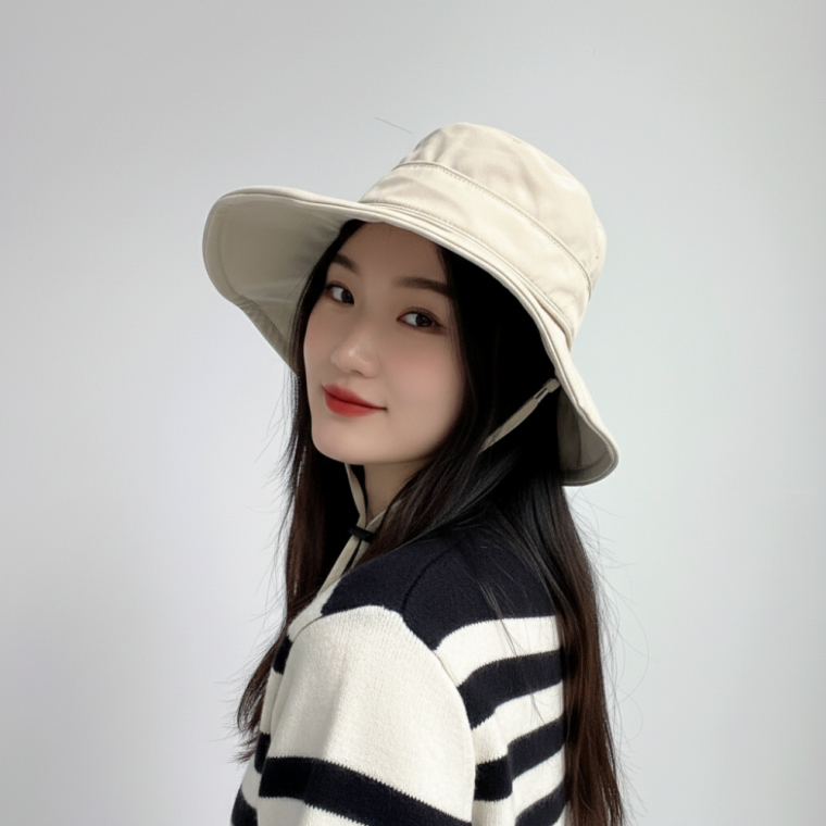 가을 겨울 여성 와이어 벙거지 모자 베이지 스트랩 챙 조절 버킷햇