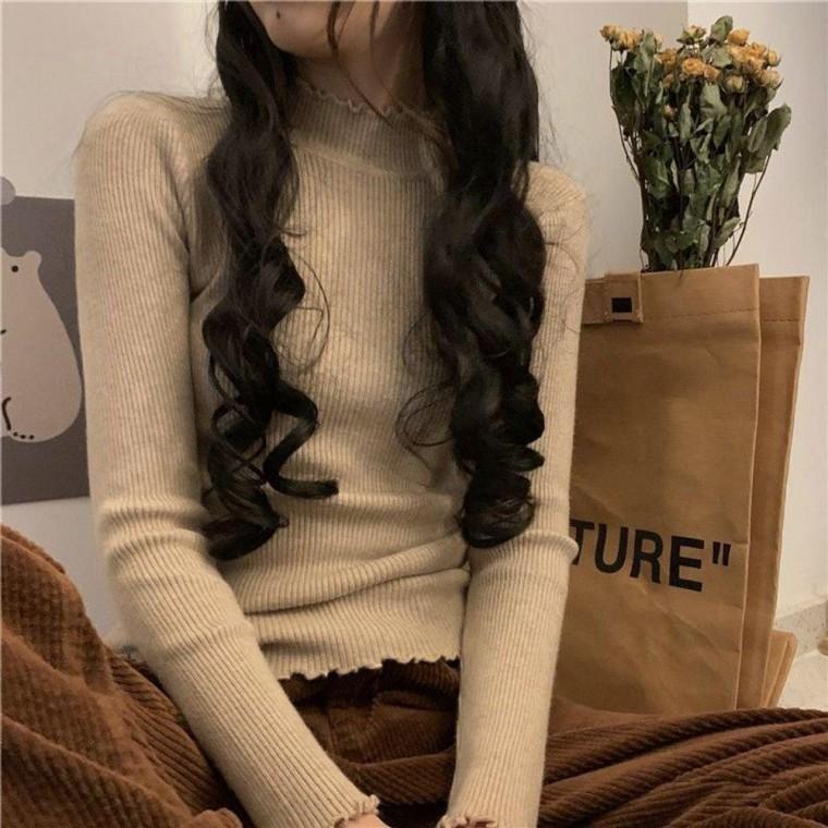 프릴넥 긴팔 골지 니트 여성 봄가을 데일리룩 니트티 니트룩