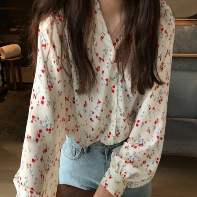 쉬폰 퍼프 긴팔 플라워쉬폰블라우스 봄가을블라우스 여성긴팔블라우스 롱슬리브셔츠 여성블라우스 플라워프