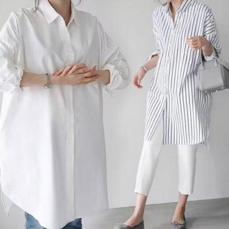 이쁘 다요 셔츠 남방 스트라이프 롱 빅사이즈 블라우스 화이트 오버핏 여성 봄 가을