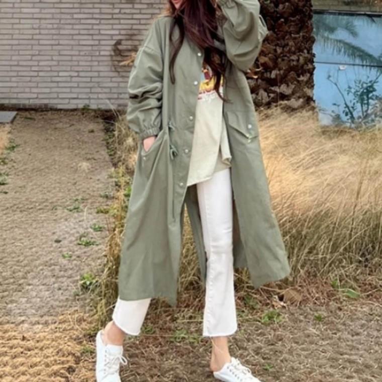 여성용 롱 야상 코트 봄 가을 바람막이 허리 스트링 조절 무릎 아래 기장 간절기 외투