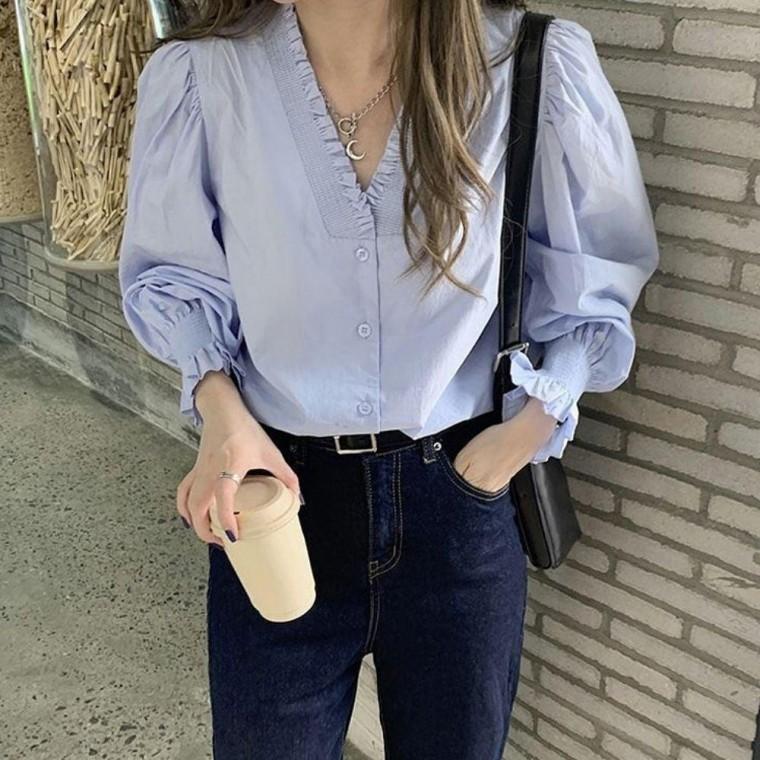 여성블라우스 루즈핏 블라우스 봄가을 여성 프릴넥라인 데일리 프릴 2컬러 퍼프소매 넥라인 페미닌