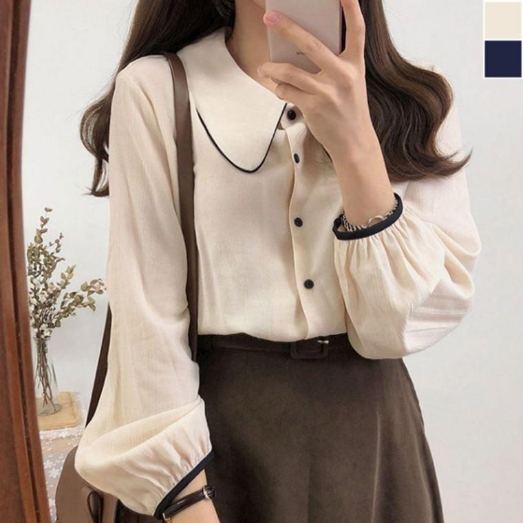 배색블라우스 캐주얼 상의 깔끔한 여성 셔츠 배색 봄가을 데일리 카라 하객룩 카라블라우스 블라우스