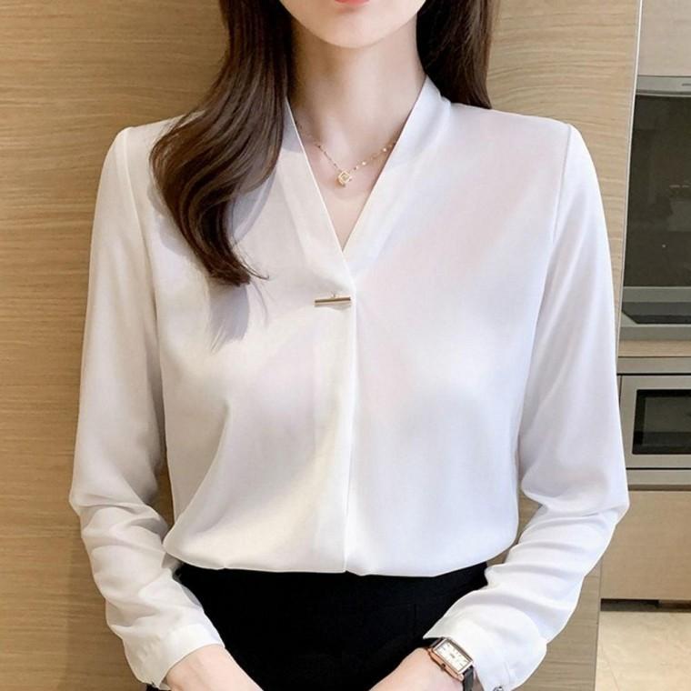여성셔츠 데일리 깔끔한 스타일 브이넥 블라우스 노카라 셔츠 긴팔 여성 봄가을