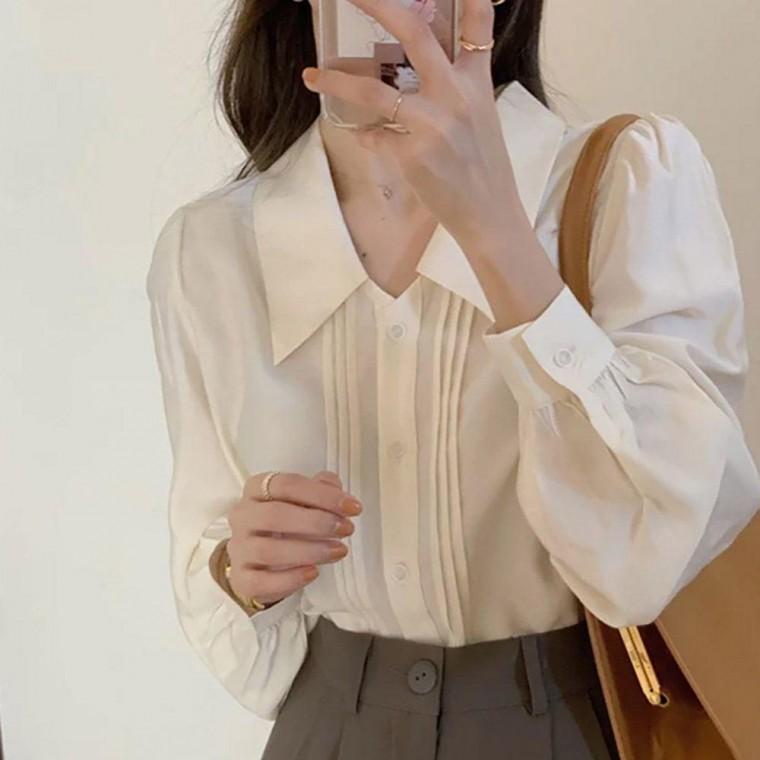 여성블라우스셔츠 주름 오피스룩 여자와이셔츠 블라우스 빅카라 여성 스타일 세련된 셔링 상의 봄가을