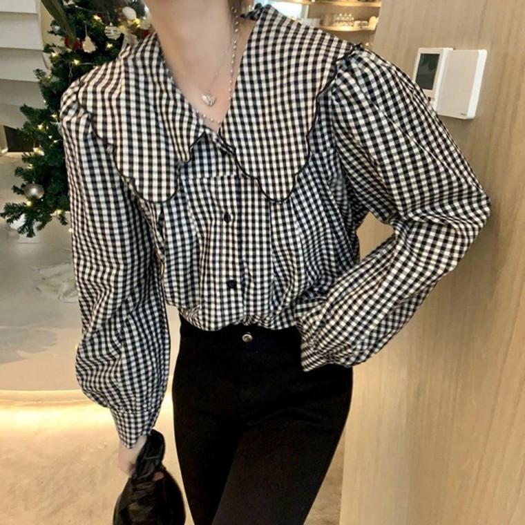 여성블라우스 여자블라우스 루즈핏 빅카라 캐주얼 블라우스 체크 데일리 셔츠 러블리 여성 봄가을