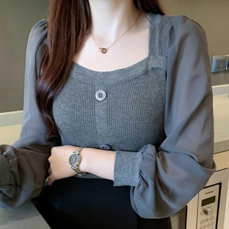 블라우스맛집 여성 스퀘어넥 출근룩 블라우스 깔끔한 흰색블라우스셔츠 상의 직장인 쉬폰 소매 봄가을
