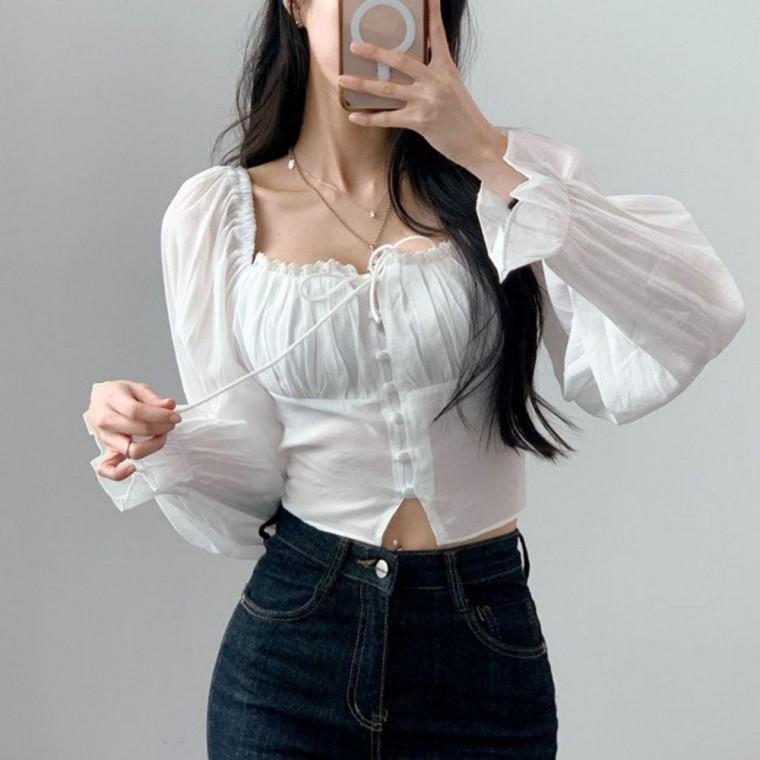 여성블라우스 블라우스 페미닌 여성 하객룩 여자블라우스 레이스 긴팔 스모크 봄가을 셔링 데일리