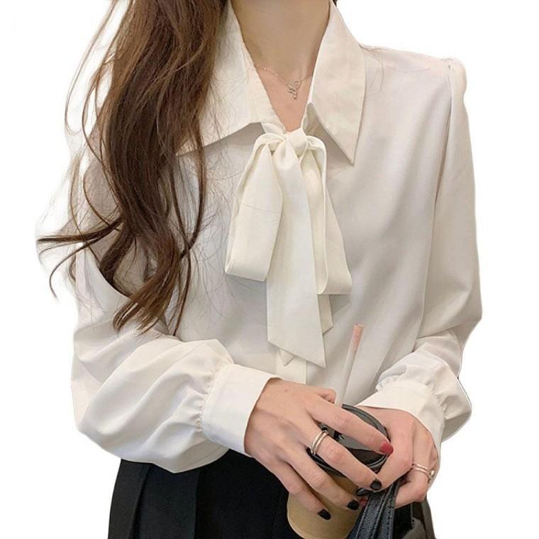 여성티셔츠 오피스 패션 리본카라 봄가을 여성 셔츠 여성티 고급 블라우스 하객룩 정장 남방