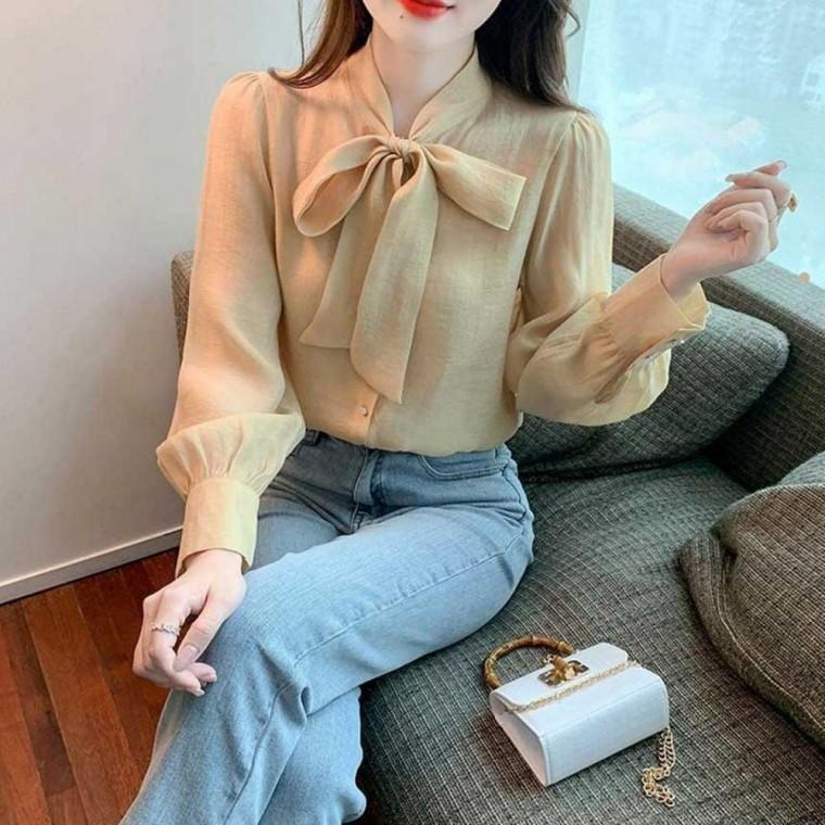 여성블라우스셔츠 여성 셔츠 봄가을 블라우스 심플 깔끔한 오피스룩 빅리본 정장 쉬폰 여자와이