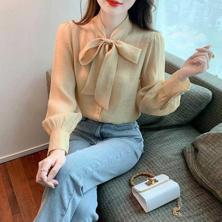 여성블라우스셔츠 쉬폰 여성 셔츠 오피스룩 정장룩 세련된 봄가을 블라우스 빅리본 모던 여자와이셔츠