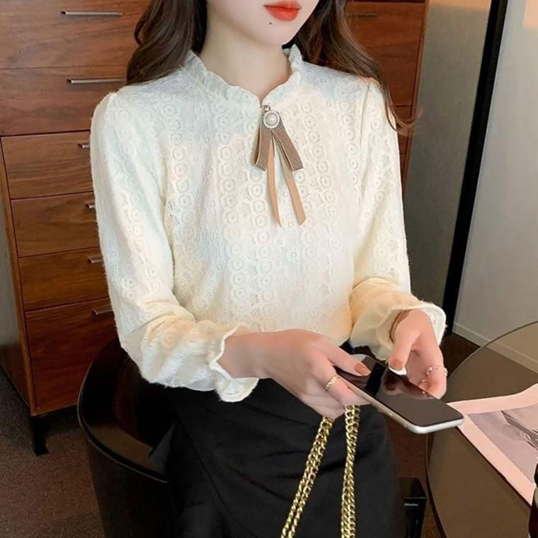 여성블라우스셔츠 와이셔츠 블라우스 입체 긴팔 레이스 상의 원단 부드러운 봄가을 여성 여자와이셔츠
