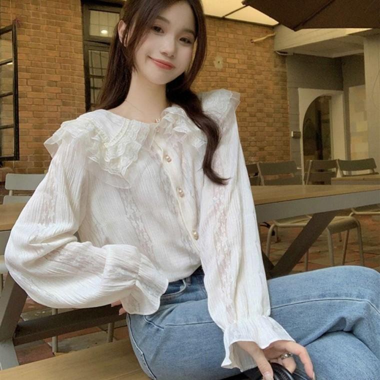 블라우스 레이스블라우스 카라 여성 이중프릴 레이스 데이트룩 긴팔 로맨틱 봄가을 상의