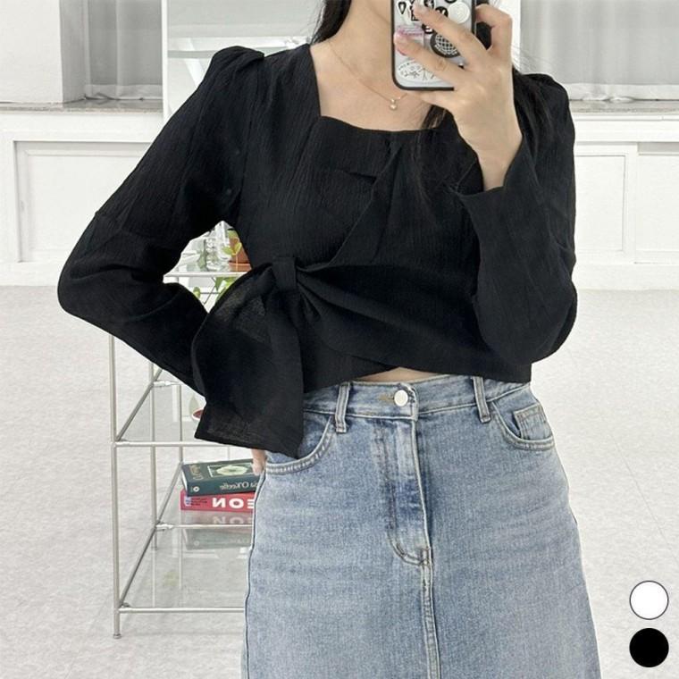 스트랩블라우스 스퀘어넥 퍼프소매 상의 블라우스 봄가을 유니크 여성 퍼프블라우스 브이 긴팔 스트랩