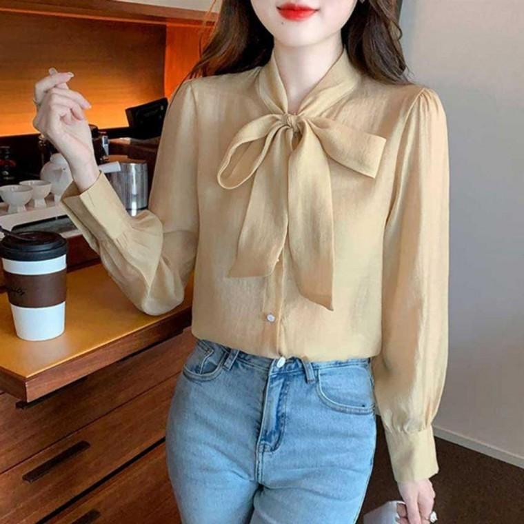 쉬폰블라우스 긴팔 봄가을 빅리본 쉬폰셔츠 여성 쉬폰 오피스 하객룩 우아한핏 셔츠 블라우스