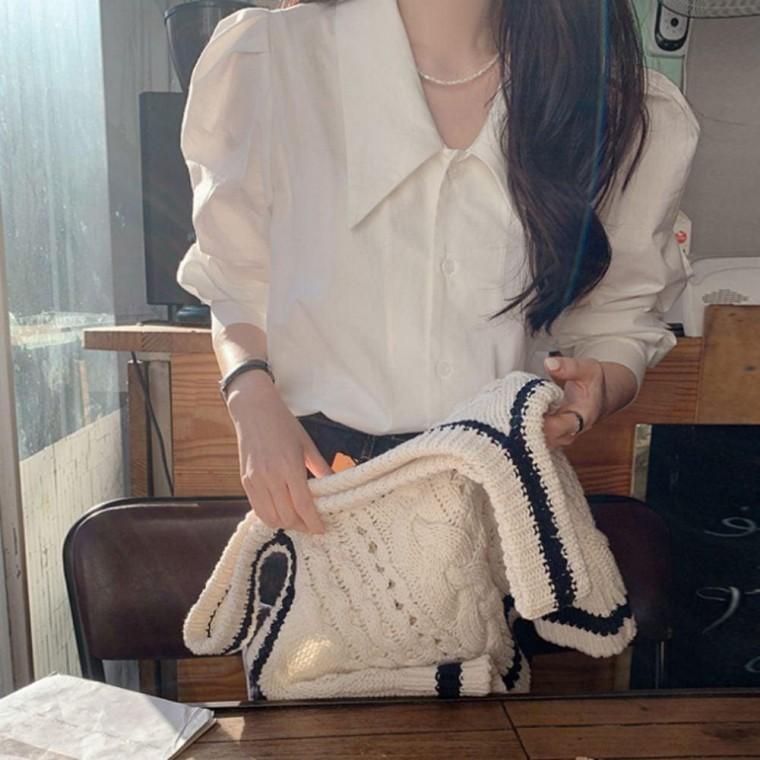 여성블라우스 여성 빅카라 셔츠 이트 봄가을 룩 퍼프소매 여성셔츠 화 데 오피스룩 블라우스