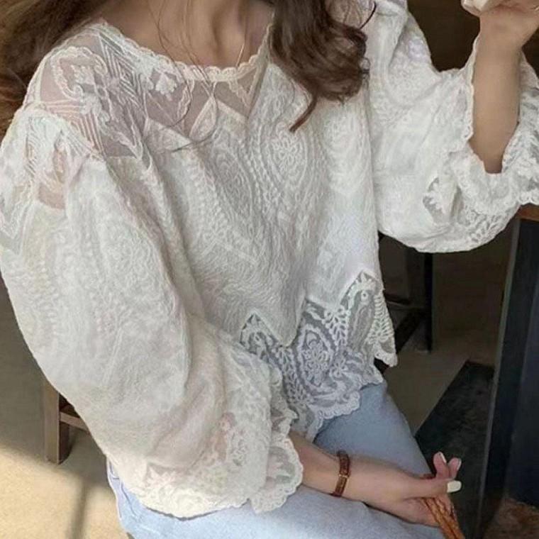 캐주얼블라우스 블라우스 레이스 여름블라우스 봄가을 여성 퍼프소매 시스루 화이트 긴팔 캐주얼룩