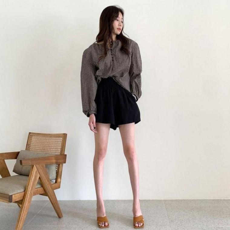 여성상의 체크 소매 루즈핏 봄가을 벌룬 블라우스 여성 단추 라운드 상의 포인트