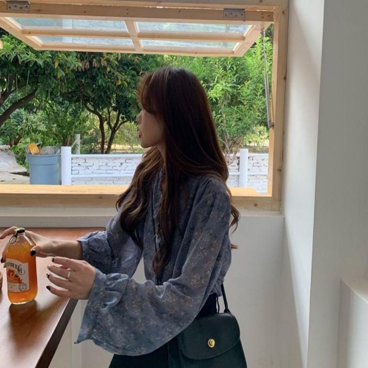 퍼프소매블라우스 플라워 블라우스 퍼프소매 봄가을 쉬폰블라우스 레이스 쉬폰 셔츠 페미닌룩 프릴 여성