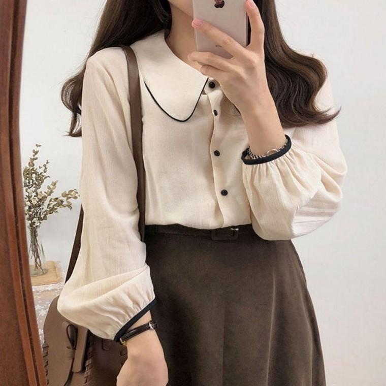 여성셔츠 긴팔 여성 소매셔링 귀여운핏 여성긴팔 둥근카라 포인트 봄가을 끝단 블라우스 배색