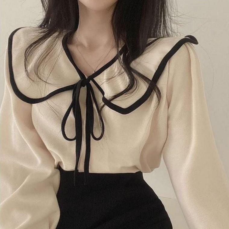 여성셔츠 봄가을 여성긴팔 귀여운 페미닌무드 둥근카라 여성 블라우스 스트랩 긴팔 리본
