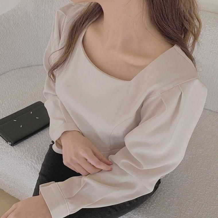 여성셔츠 여성긴팔 페미닌무드 봄가을 블라우스 레이스 스퀘어넥라인 밑단 여성 긴팔 셔링