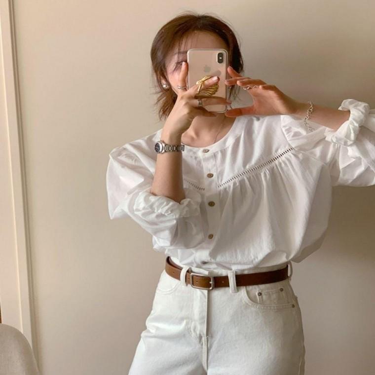 패션티셔츠 퍼프소매 여성 패션상의 모던한 긴팔 셔츠 블라우스 여성긴팔 봄가을 노카라 펀칭